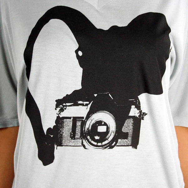 Image Unavailable - Camera V-Neck Women's Top, Silver - Image 2