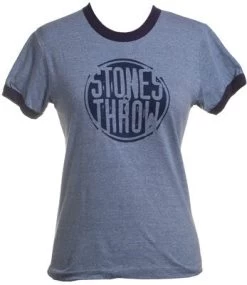 Stones Throw - Women's Distressed Crew RINGER Shirt, Heather Blue/Navy